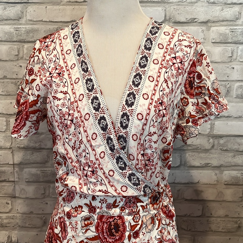 ZESICA 100% rayon floral wrap around maxi dress ivory pink rust short sleeve